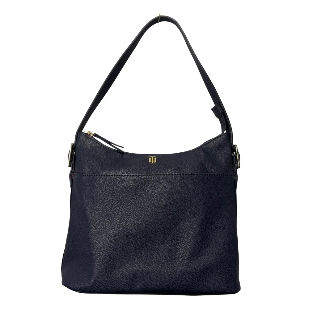 Tommy Hilfiger Navy Blue Pebbled Faux Leather Shoulder Bag Striped Trim Hobo - Picture 1 of 9